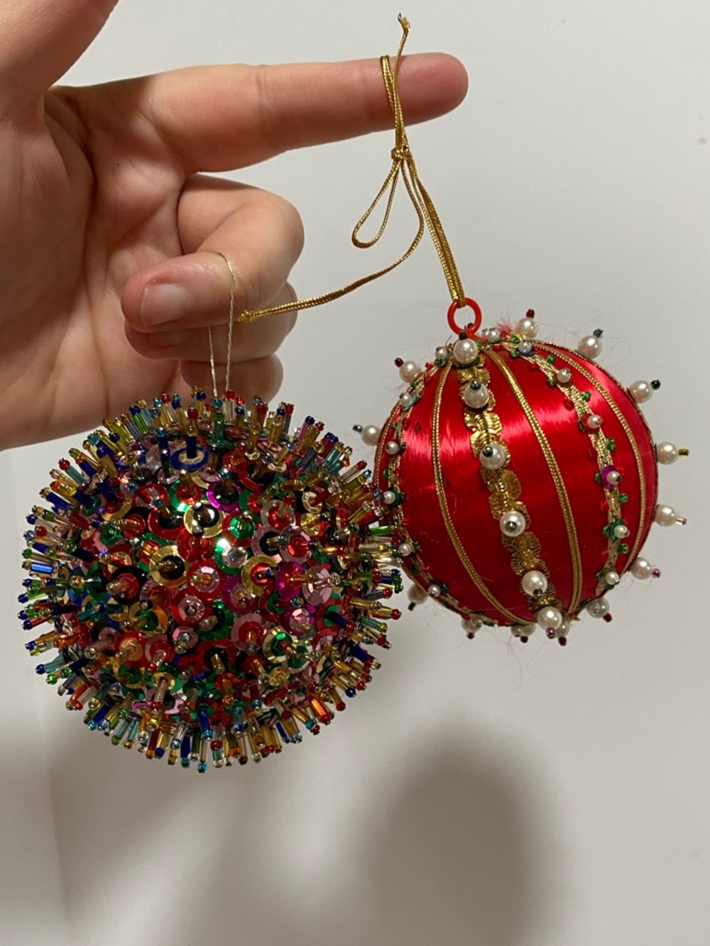 Set Of 2 Vintage Push Pin Christmas Ornaments Handmade Beaded And Red Satin